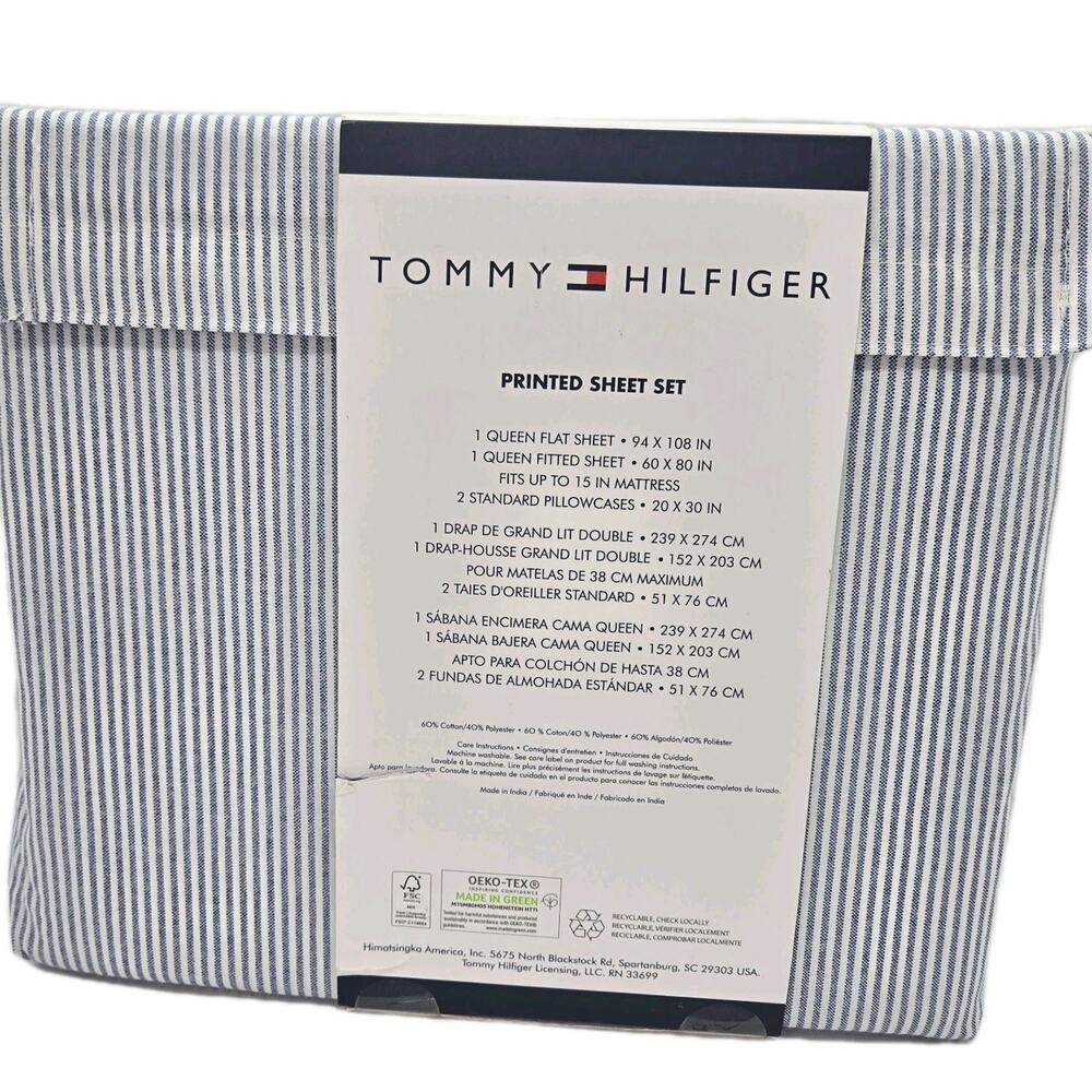 Tommy Hilfiger 4 Piece Queen Size Sheet Set Ithaca Thin Blue White Oxford NEW